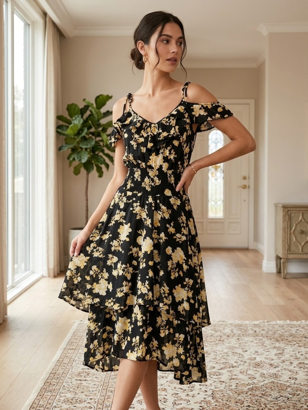 G.I.L.I. Black & Yellow Floral Cold-Shoulder High-Low Dress - Picture 1 of 8